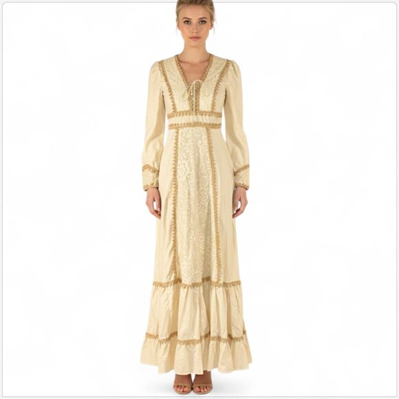 Gunne Sax Jessica Vintage 70s Ivory Natural Poplin Cotton Prairie Maxi Dress 7 - Picture 1 of 7